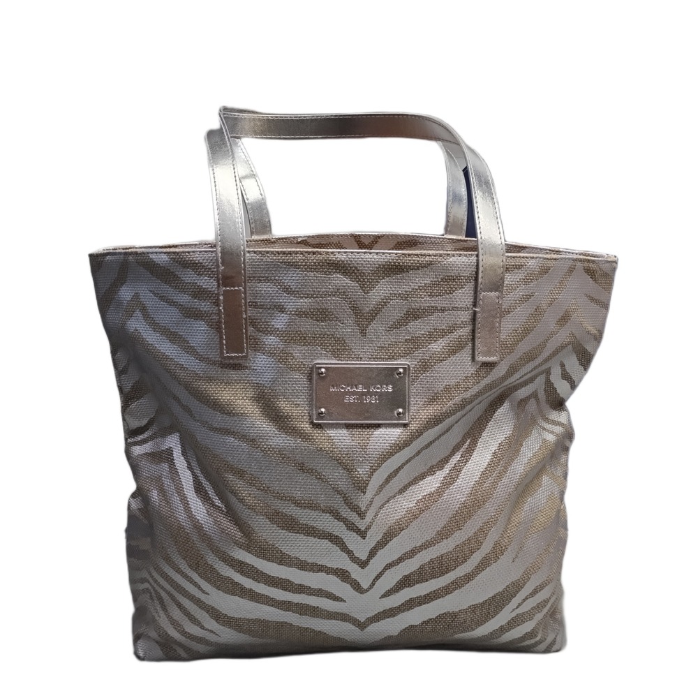 Michael Kors Tote Bag Womens Multi Metallic Zebra Print Cotton Double Handles